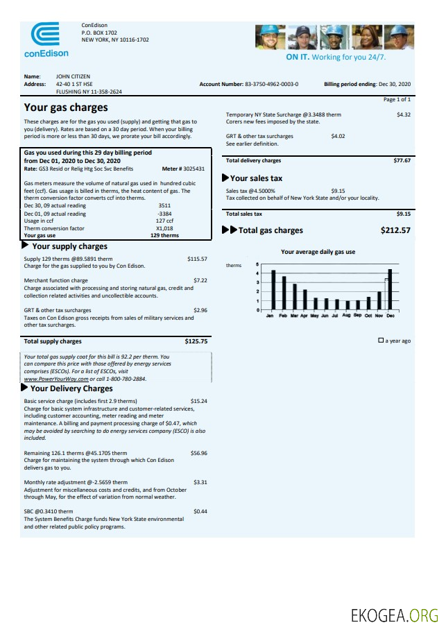USA Con Edison gas utility bill template in Word and PDF format